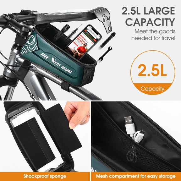 WEST BIKING 2.5L Bicycle Front Beam Mobile Phone Touch Screen Hard Shell Bag(Dark Green)