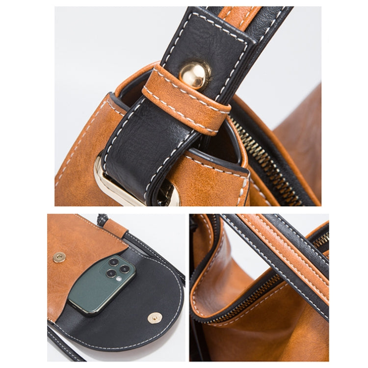 21506 4 in 1 Simple Color-Block Diagonal Handbags Fashion Large Capacity Soft Leather Bags(Brown)