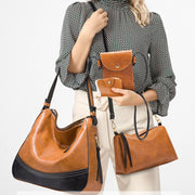 21506 4 in 1 Simple Color-Block Diagonal Handbags Fashion Large Capacity Soft Leather Bags(Brown)