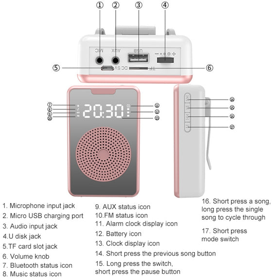 ZXL-H3 Portable Teaching Microphone Amplifier with Time Display, Spec: Wired Version (Rose Gold)