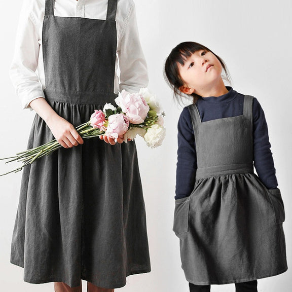 Cotton And Linen Parent-Child Painting Apron Baking Coffee Work Clothes,Size: Adults (oat)