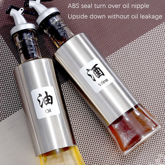 Stainless Steel Glass Oil Bottle Kitchen Pressed Seasoning Bottle, Capacity: 300ml