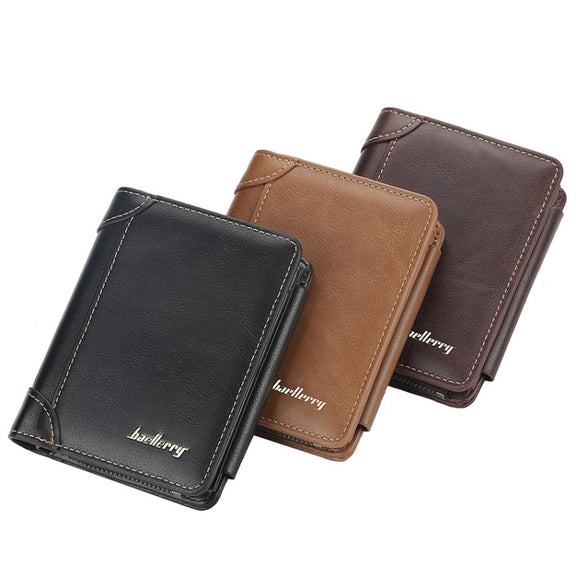 Baellerry D9159 Men Short Tri-Fold Zip Coin Purse Thin Card Holder(Brown)