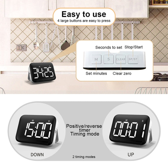 Rechargeable Large Screen LCD Electronic Timing Reminder Alarm Clock Kitchen Baking Timer(Black)