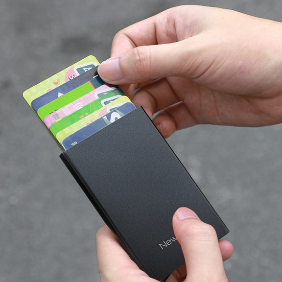 NEWBRING Metal Wallet Automatic Pop-up Anti-degaussing Card Holder, Colour: Black With Back Stickers