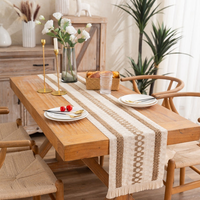 Cotton and Linen Woven Colorblock Tassel Striped Rhombus Table Runner, Size: 30x50cm(2 Hemp + Diamond Lattice)