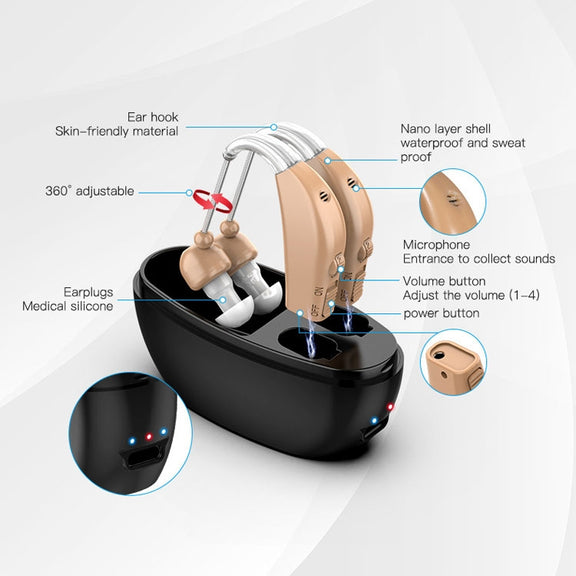 Elderly Use Can Charge Sound Amplifier Hearing Aid, Specification: US Plug(Blue Double Machine+Black Charging Bin)