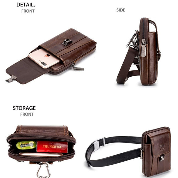 BULL CAPTAIN Multifunctional Leather Mobile Phone Small Waist Bag For Men(Horizontal Brown)