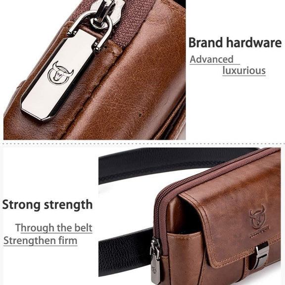 BULL CAPTAIN Multifunctional Leather Mobile Phone Small Waist Bag For Men(Horizontal Brown)
