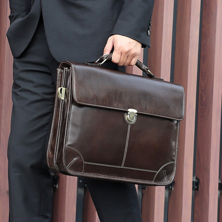 Men Retro Cowhide Leather Briefcase Multifunctional Laptop Bag for 15.6 Inch Computer(Coffee) - free shipping - PMC Jewellery - Order now!
