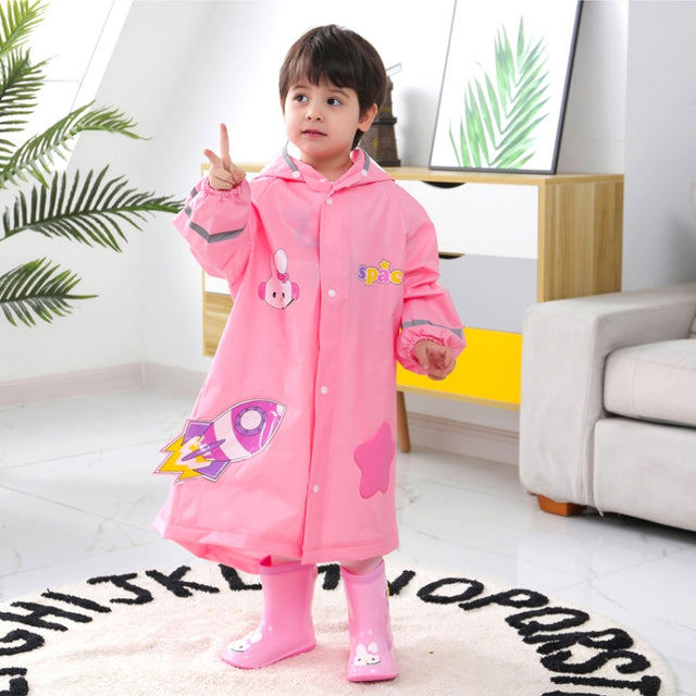 Large Hat Brim Cartoon Print Children Raincoat with Schoolbag Seat, Size: M(Pink)