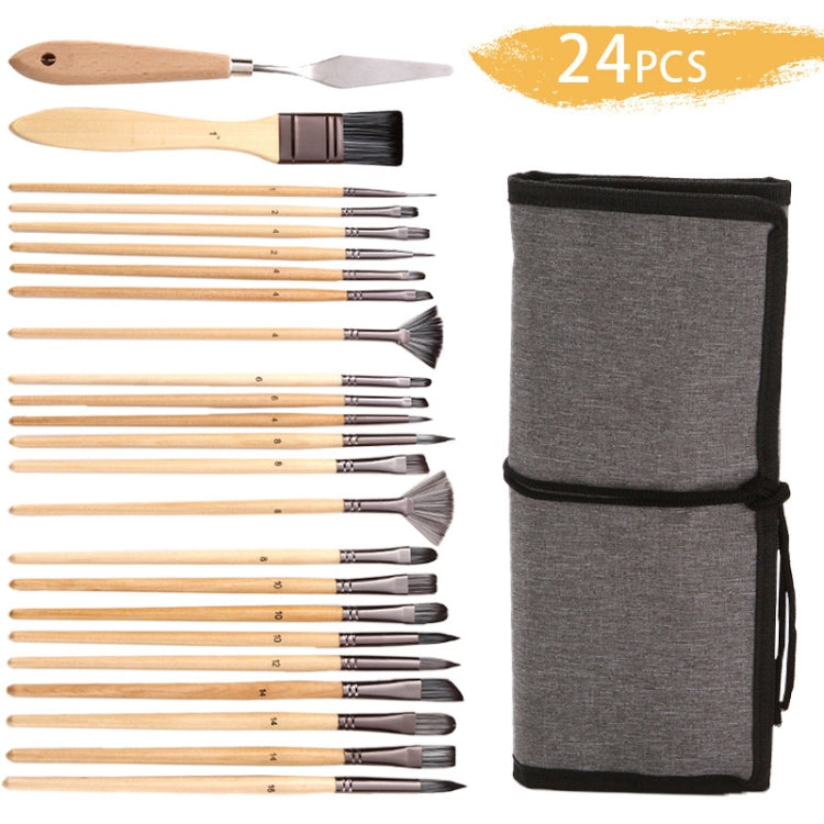 24 In 1 Nylon Wool Brush Canvas Storage Bag Set Oil Painting Gouache Watercolor Brush(Wooden Brushesx24+Storage Bag) - Art Supplies by PMC TechLife | Online Shopping South Africa | PMC TechLife