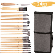 24 In 1 Nylon Wool Brush Canvas Storage Bag Set Oil Painting Gouache Watercolor Brush(Wooden Brushesx24+Storage Bag)