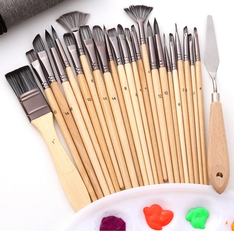 24 In 1 Nylon Wool Brush Canvas Storage Bag Set Oil Painting Gouache Watercolor Brush(Wooden Brushesx24+Storage Bag) - Art Supplies by PMC TechLife | Online Shopping South Africa | PMC TechLife