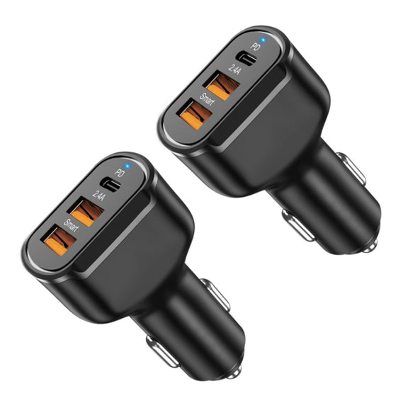 2PCS PD+2.4A Dual USB Car Charger, Style: 3 Ports (Black)