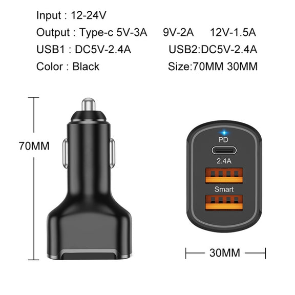 2PCS PD+2.4A Dual USB Car Charger, Style: 3 Ports (White)
