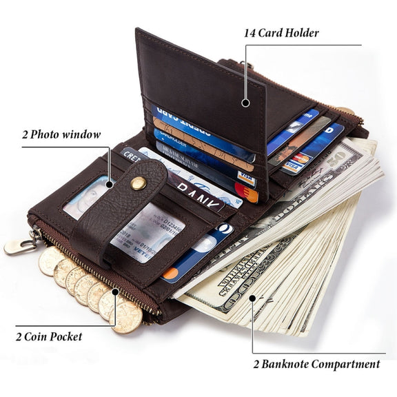 BP804 RFID Anti-Theft Wallet Multi-Function Buckle Zipper Retro Leisure Coin Purse(Black)