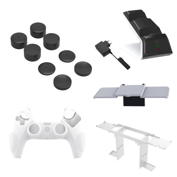 JYS JYS-P5151 For PS5 12 In 1 Handle Charger + Rocker Cap + Privacy Cover + Silicone Cover + Bracket Set, US Plug (Black)