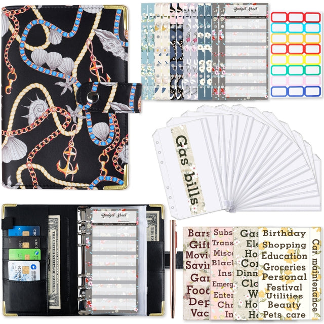 A6 PU Leather Color Printing Notebook Zipper Bag Loose-leaf Budget Binder(Chain-Black)