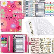 A6 PU Leather Color Printing Notebook Zipper Bag Loose-leaf Budget Binder(Flower-Rose Red)