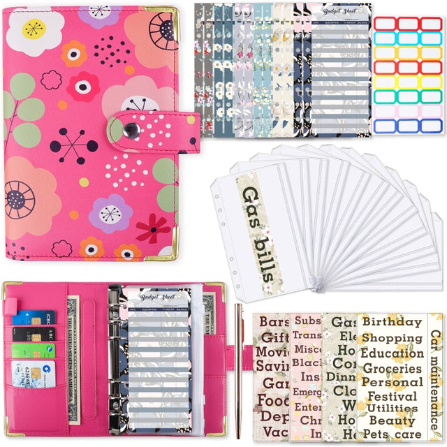 A6 PU Leather Color Printing Notebook Zipper Bag Loose-leaf Budget Binder(Flower-Rose Red)