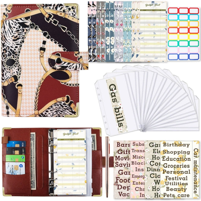 A6 PU Leather Color Printing Notebook Zipper Bag Loose-leaf Budget Binder(Leopard Proter-Brown)