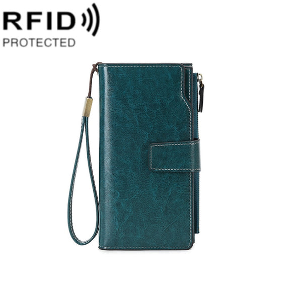 1669 RFID Anti-magnetic Anti-theft Retro Long Wallet Card Holder Document Bag(Peacock Blue)