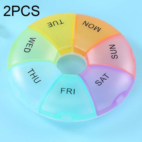 2 PCS Round 7 Days Rainbow Color Portable Pill Box Plastic Seven Grid(Colorful)
