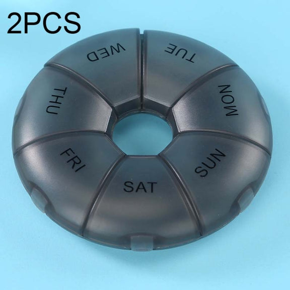2 PCS Round 7 Days Rainbow Color Portable Pill Box Plastic Seven Grid(Black)