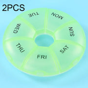 2 PCS Round 7 Days Rainbow Color Portable Pill Box Plastic Seven Grid(Light Green)