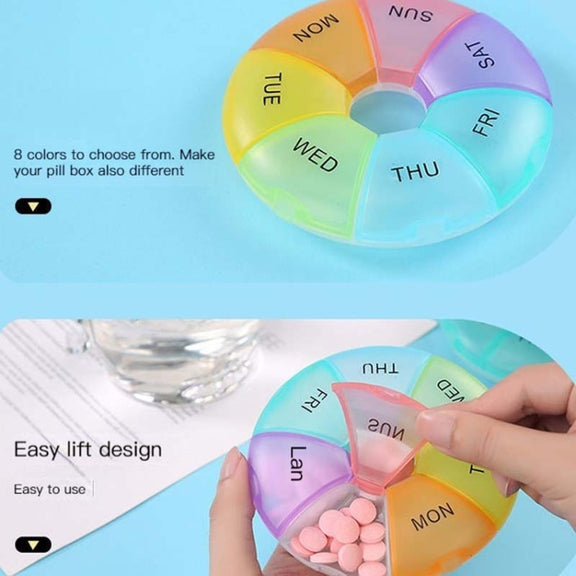 2 PCS Round 7 Days Rainbow Color Portable Pill Box Plastic Seven Grid(Light Blue)