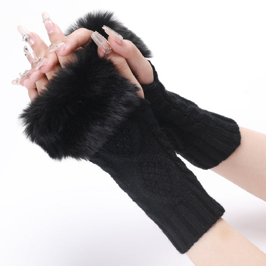 Ladies Short Type Furry Gloves Diamond Knit Warm Fingerless Arm Sleeves(Black) - free shipping - PMC Jewellery - Order now!