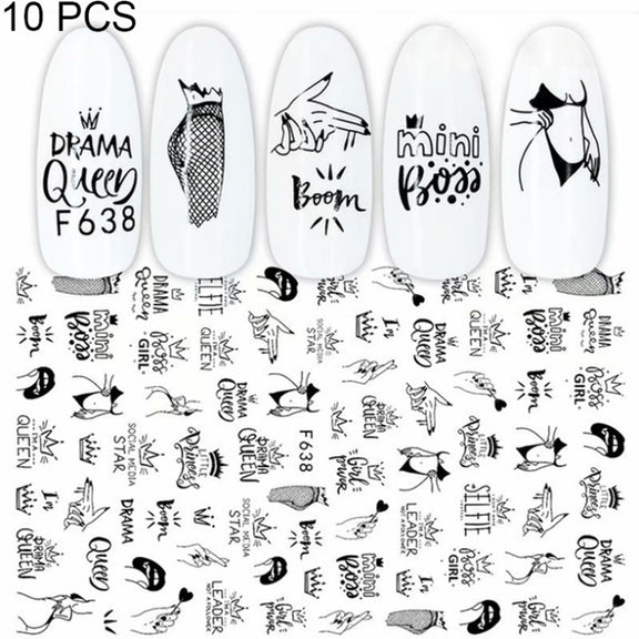 10 PCS Cartoon Heart Letters Comic Character Nail Art Sticker 3D Adhesive Nail Stickers(F638)