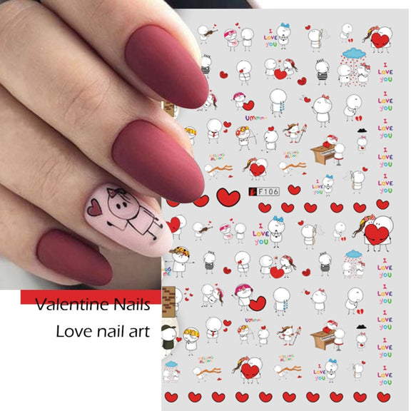 10 PCS Cartoon Heart Letters Comic Character Nail Art Sticker 3D Adhesive Nail Stickers(F638)