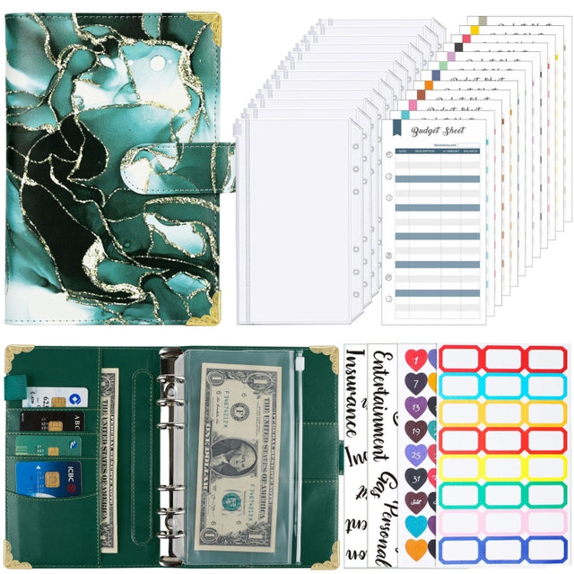 A6 Leather Loose-leaf Budget Book Handbook Notepad(Ink Green)