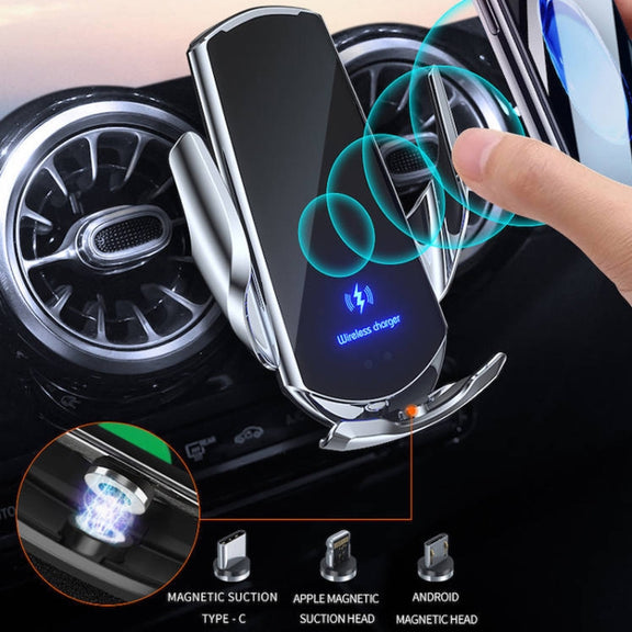 Q3 Infrared Induction Magnetic Car Wireless Charging Phone Bracket with Micro USB + 8 Pin + Type-C / USB-C Magnetic Connector(Blue)