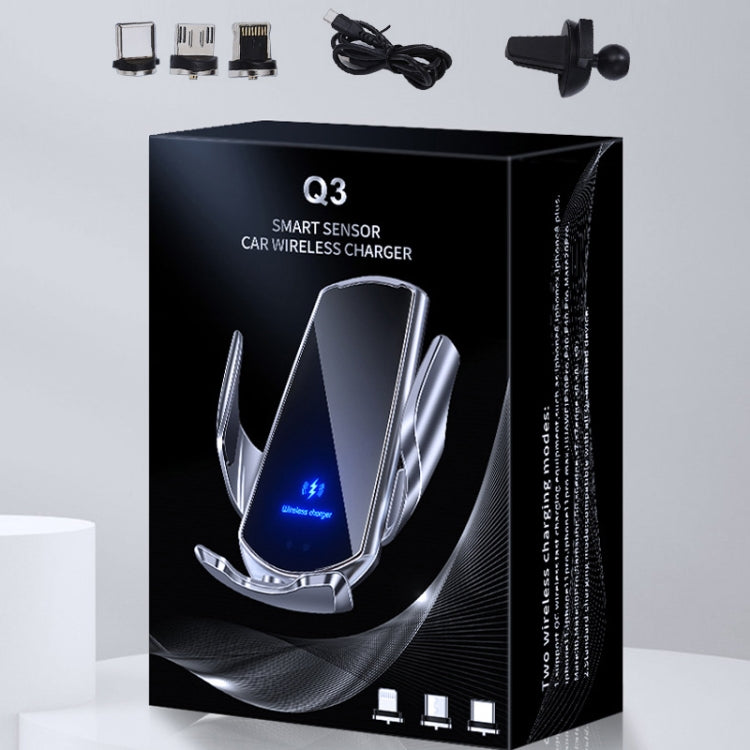 Q3 Infrared Induction Magnetic Car Wireless Charging Phone Bracket with Micro USB + 8 Pin + Type-C / USB-C Magnetic Connector(Blue)