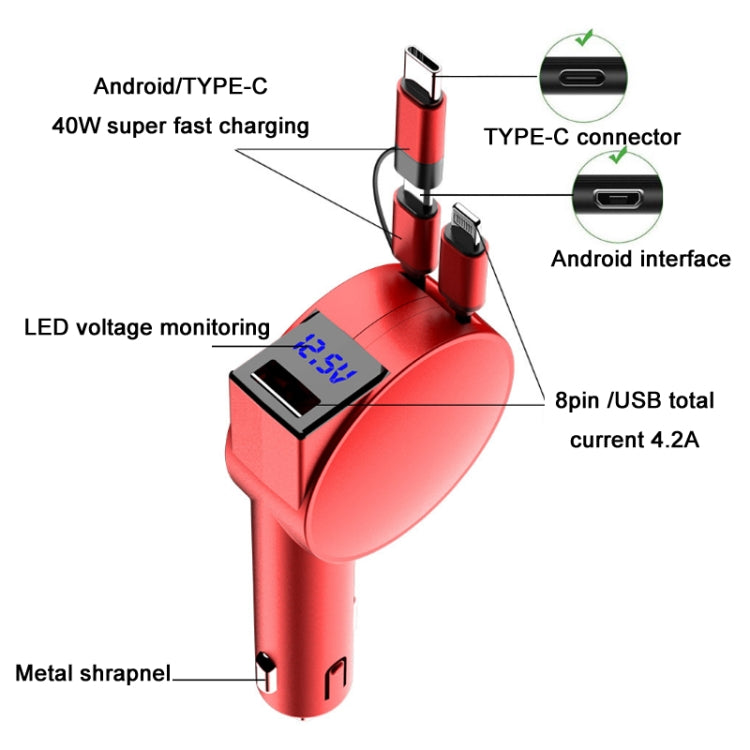 3 In 1 60W Fast Charging Dual Cable Retractable Car Charger(Black)