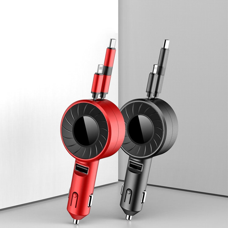 3 In 1 USB Dual Cable Single Pull Retractable Car Charger(Black)