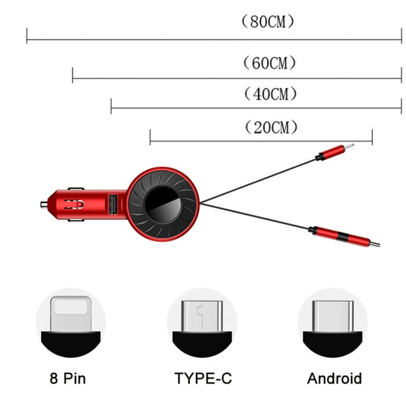 3 In 1 USB Dual Cable Single Pull Retractable Car Charger(Black)