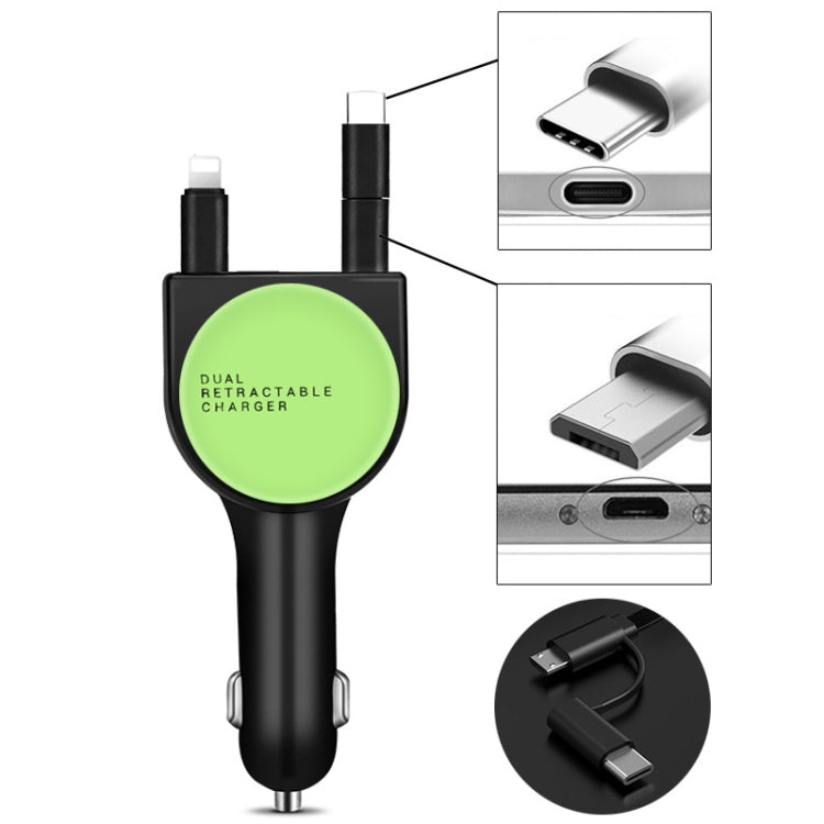 3 In 1 3.1A Dual USB Single Pull Retractable Fast QC3.0 Car Charger(Green) - Car Charger by PMC TechLife | Online Shopping South Africa | PMC TechLife
