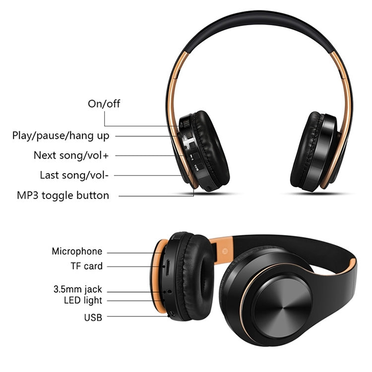LPT660 Bluetooth Wireless Headset HIFI Stereo Sports Headphones(Black+Gold)