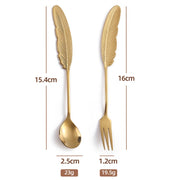 304 Stainless Steel Feather Spoon Fork Literary Tableware,Style: 3pcs Spoon-Titanium Gold