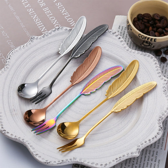 304 Stainless Steel Feather Spoon Fork Literary Tableware,Style: 3pcs Spoon-Titanium Gold