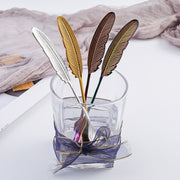 304 Stainless Steel Feather Spoon Fork Literary Tableware,Style: 3pcs Spoon-Titanium Gold