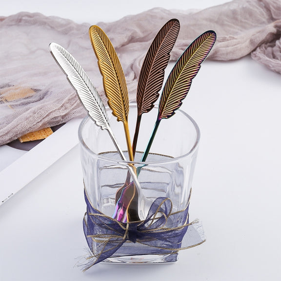 304 Stainless Steel Feather Spoon Fork Literary Tableware,Style: 3pcs Spoon-Titanium Gold