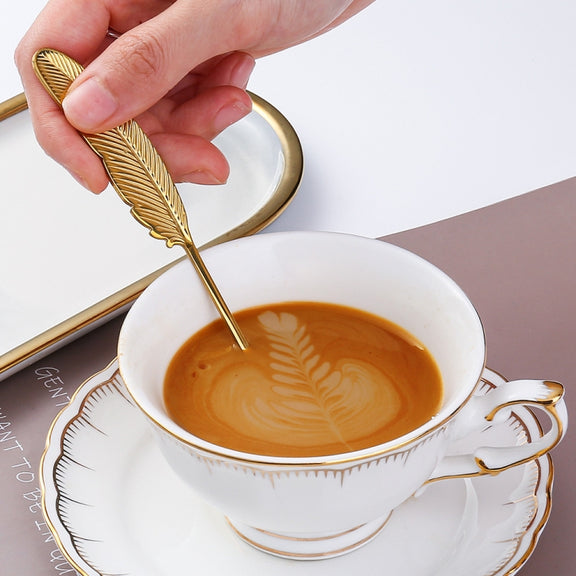 304 Stainless Steel Feather Spoon Fork Literary Tableware,Style: 3pcs Spoon-Titanium Gold