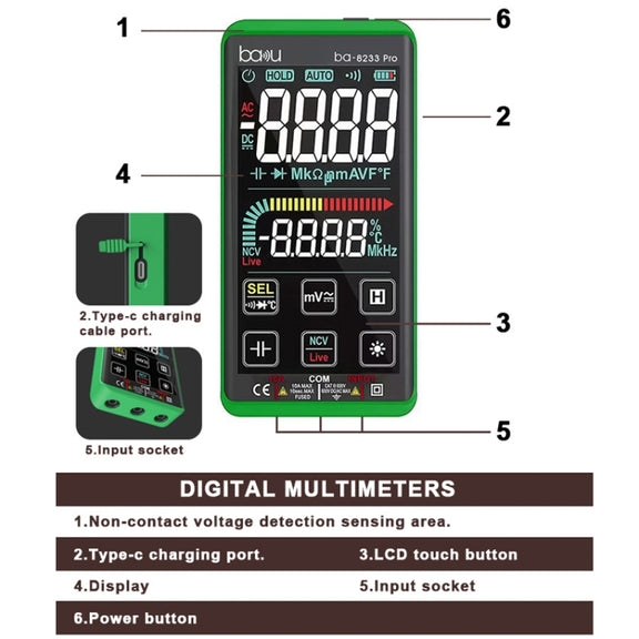 BAKU BA-8233 Pro Electric Maintenance Resistor Current Touch Screen Digital Mulitmeter(Green)