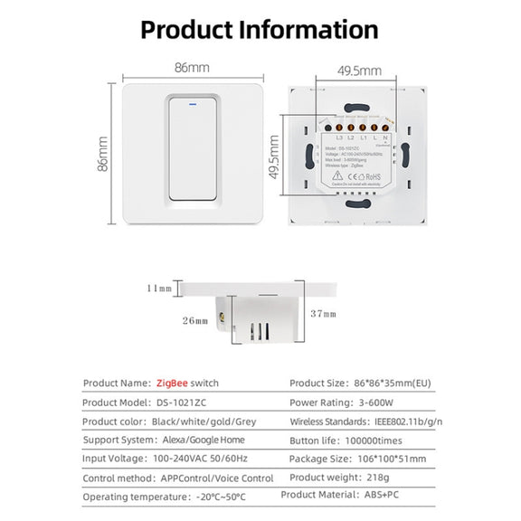Tuya ZigBee Smart Single-fire Zero-fire Sharing Switch Phone Control Voice Panel EU Plug, Spec: 1 Button