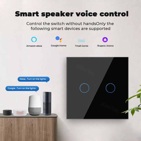 Tuya ZigBee Zero Firewire Touch Wall Remote Control Switch Light Control Voice Switch EU Plug, Style: 2 Gang (Black)